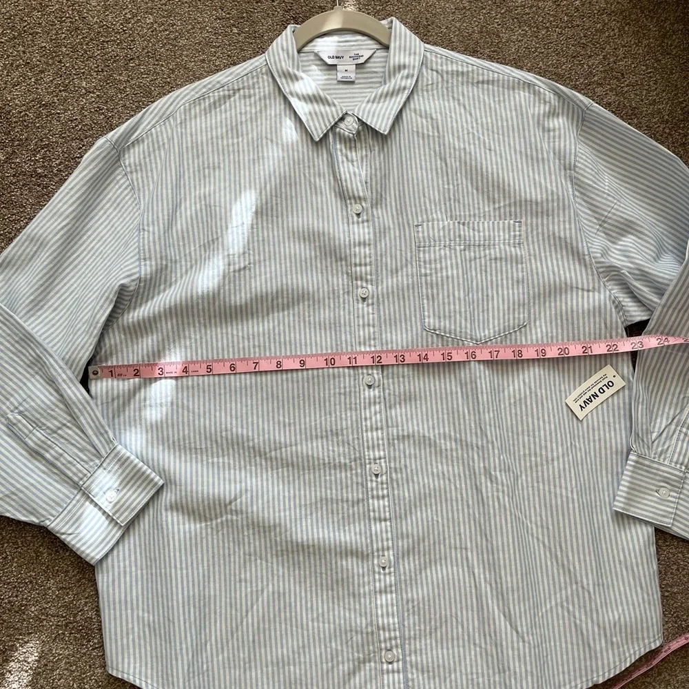 Old Navy Boyfriend Resort Poplin Button Down Shirt Stripe Blue Cotton Women's M - Picture 6 of 9
